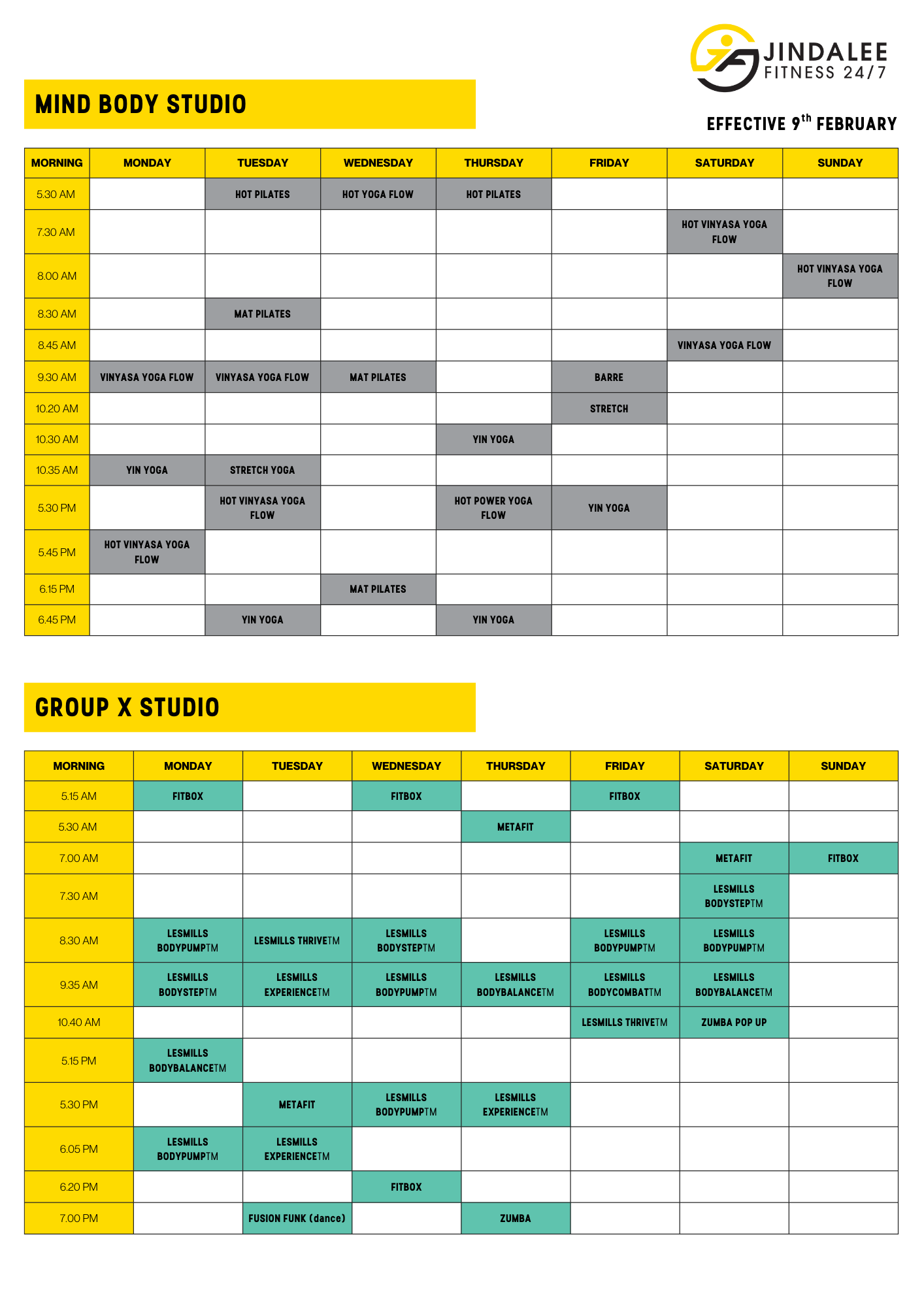 Jindalee Fitness 24/7 Group Fitness Timetable