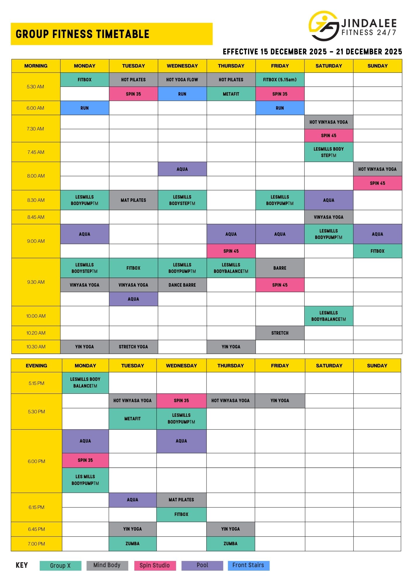 Jindalee Fitness 24/7 Group Fitness Timetable